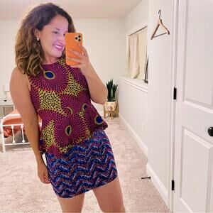 Suakoko Betty Pink African Blue Batik Mini Dress Small